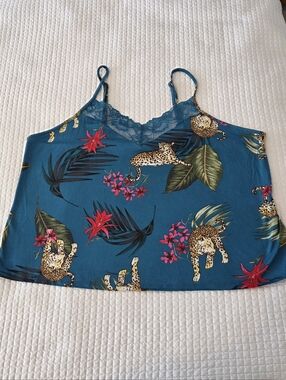 Joyspun Teal Leopard & Tropical Print Lace-Trim Cami Top